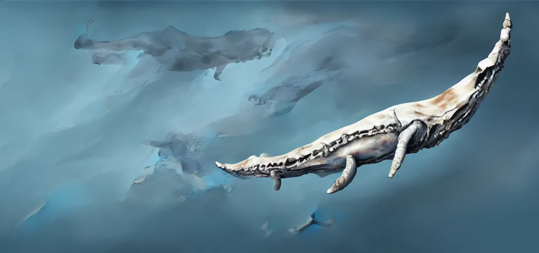 Image similar to a bleached bone skeleton of a narwhal that is leaping out of the ocean in the style of Keith Thompson and Christopher Bretz, highly detailed, digital painting, HDRI, vivid colors, high contrast, 8k resolution, intricate, photorealistic, smooth