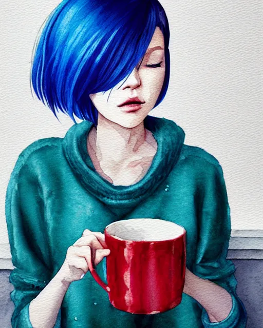 Image similar to watercolor painting of a pretty girl with Blue hair, wearing an oversized sweater, sitting by a windowsill, night, holding a mug of hot tea. In the style of ilya kuvshinov, dramatic lighting, fantasy, intricate, elegant, highly detailed, lifelike, photorealistic, digital painting, bokeh, HDR, high resolution, artstation, concept art, smooth, sharp focus, art by Krenz Cushart and Albert Aublet