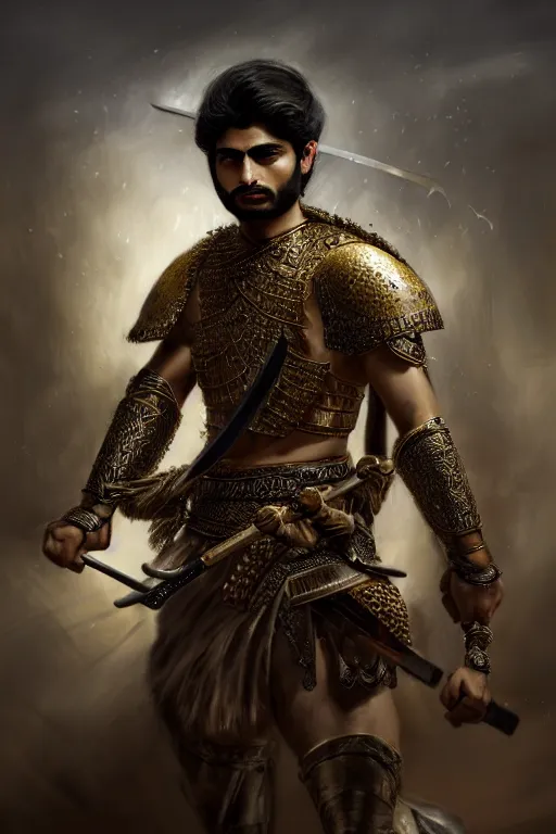 Image similar to portrait of a Persian Prince fighting at war, warrior, brutal battle, handsome prince, shaved face, no beard, attractive young man, heroic pose, persian style architecture, dramatic lighting, dark and horror, action and tragedy, dust and blood, intricate, wild, highly detailed, digital painting, artstation, concept art, smooth, sharp focus, illustration, art by artgerm and greg rutkowski and alphonse mucha, footage from space camera