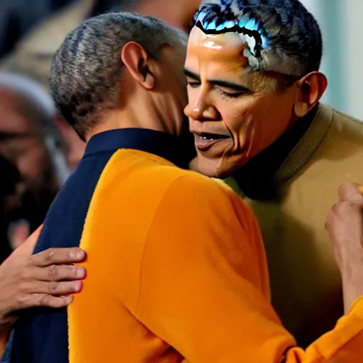 Prompt: president obama solemnly hugging a man dressed in a scooby doo costume