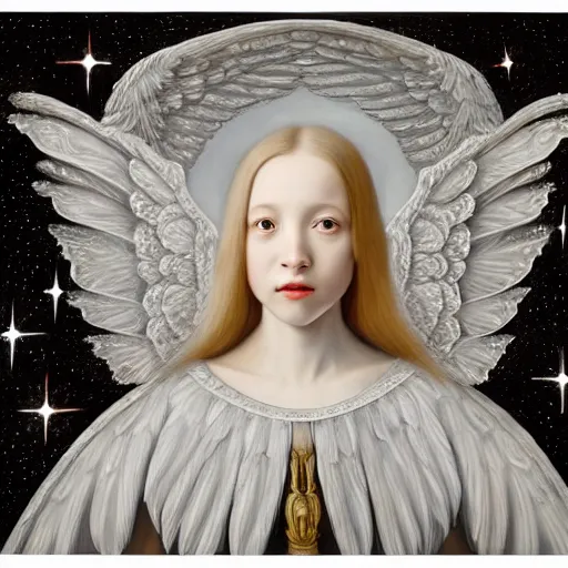 Image similar to highdetailed hyperrealistic painting of white angel!!! no gender smiling noface!!!, light instead of hands, white sparkles everywhere, 4 k hd face!!!, big silver high detailed wings!!!, renaissance, by jan van eyck, holography space, glow effect, large strokes, monochrome!!!!!, digital painting