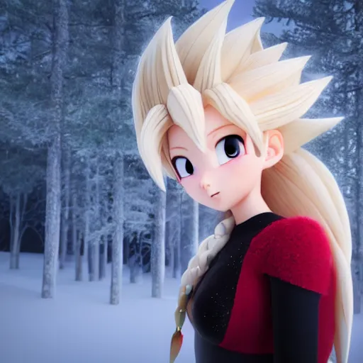 Image similar to portrait focus of super saiyan beautiful 3 d anime girl posing, frozen ice dark forest background, snowing, bokeh, inspired by masami kurumada, octane render, volumetric lighting