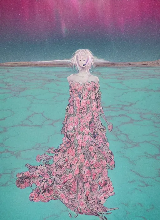 Image similar to lee jin - eun in luxurious flowery dress emerging from pink and turquoise water in salar de uyuni with the ground reflecting the aurora borealis by takato yamamoto, james jean, conrad roset, ruan jia, martine johanna, rule of thirds, elegant look, beautiful, chic, face anatomy, cute complexion