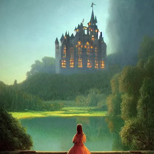 Prompt: beautiful illustration of a big castle in a serene landscape and a beautiful lake, fire, by albert bierstadt, green grass, highly detailed, crystal lighting, mystical, forest, hyperrealistic, 4 k, unreal engine, magical, by joe fenton, by greg rutkowski, by greg tocchini, by kaws, by kate beaton, by kaethe butcher