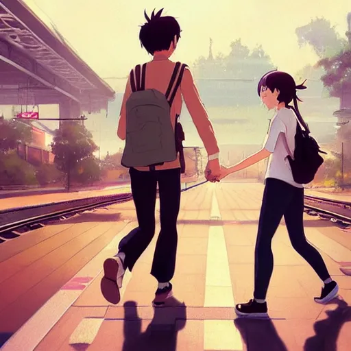 Image similar to a couple meeting up at a trainstation, running at each other with open arms. cgsociety masterpiece, artstation trending, by rossdraws, ghibli, Kimi no Na wa, greg rutkowski