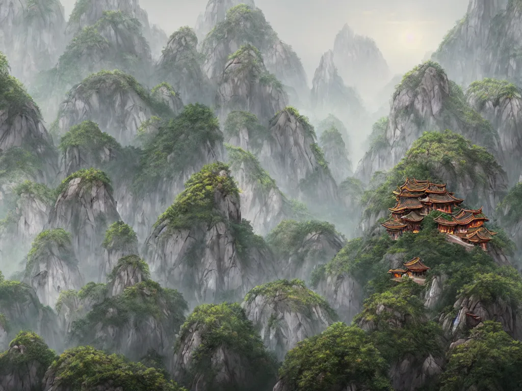 Prompt: futuristic beautiful mountainous landscape of huangshan with buddisht and taoist temples on hilltops on a rainy day by gediminas pranckevicius