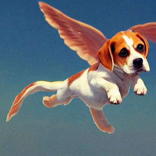 Image similar to a beagle flying in the sky using it's ears as wings, warm colors, cute