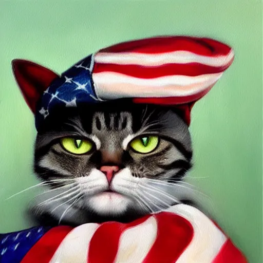 Image similar to A cat wearing a beret with the American flag on it, oil Painting, ultradetailed, artstation