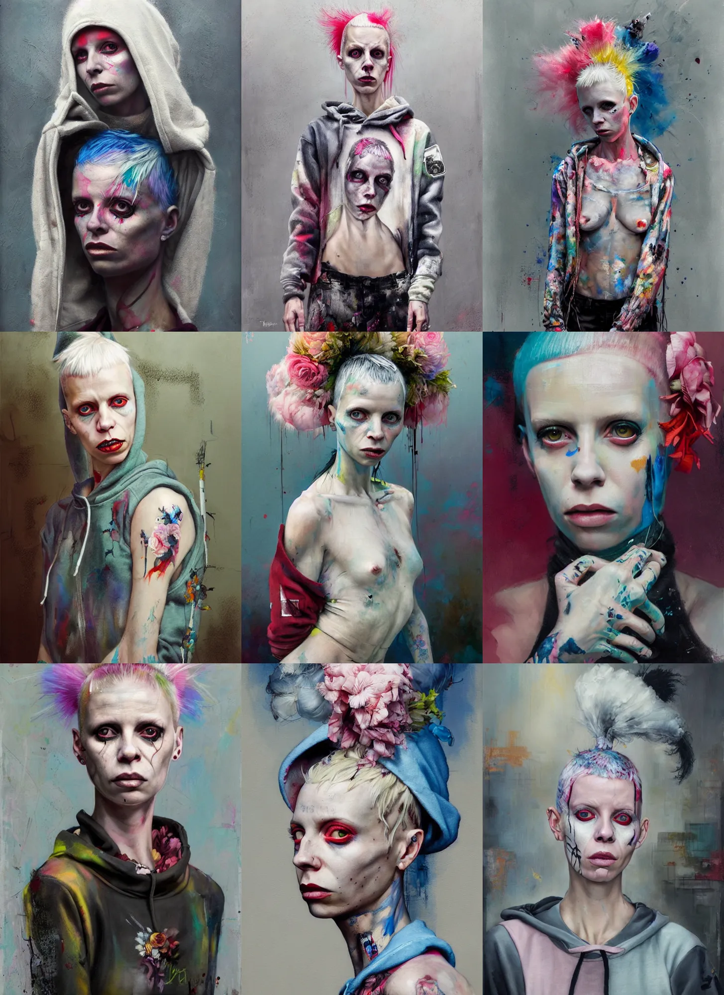 Prompt: painting by martine johanna of yolandi visser wearing a hoodie standing in a township street in the style of jeremy mann, street clothing, haute couture! fashion!, full figure painting by tom bagshaw, tara mcpherson, david choe, decorative flowers, detailed painterly impasto brushwork, pastel color palette, die antwoord