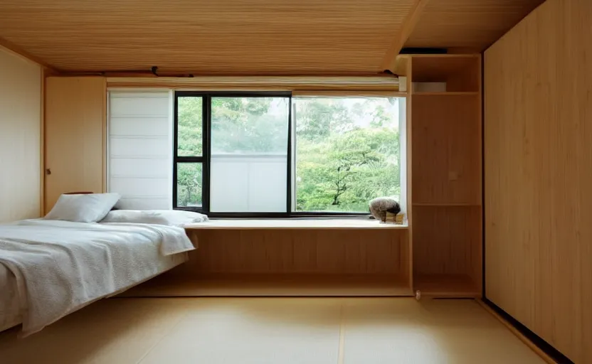 Image similar to interior of a small minimalist bedroom, japanese style, bed, cupboards, bamboo wood, pine wood, white, bright, green, windows with a view of a green park, natural materials, 8 k