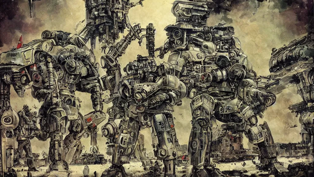 Image similar to Soviet mechs in the style of Norman Rockwell, sci-fi illustrations, highly detailed, award-winning, patriotic, soviet, ussr, dark, gritty, ink