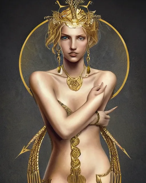 Image similar to tattoo design sketch of cute beautiful blonde super model as aphrodite greek goddess wearing a gold laurel wreath and triangle earrings, beautiful piercing gaze with sharp pupils, in the style of greg rutkowski, fantasy, amazing detail, epic, elegant, smooth, sharp focus, front view