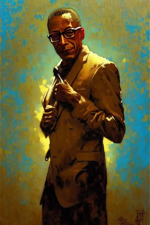 Image similar to gus fring, painting by'phil hale '!!! gaston bussiere, craig mullins, greg rutkowski, alphonse mucha