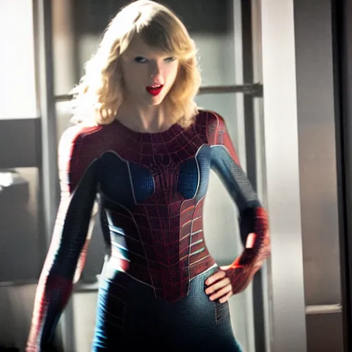 Image similar to cinematic still of taylor swift as gwen in the amazing spiderman ( 2 0 1 2 ), xf iq 4, f / 1. 4, iso 2 0 0, 1 / 1 6 0 s, 8 k, raw, dramatic lighting, symmetrical balance, in - frame