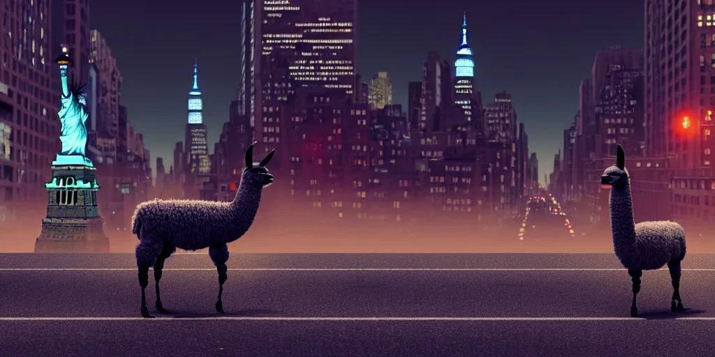 Image similar to a llama walking through a desolate manhattan city street at night, statue of liberty seen in the background, realistic 4 k octane beautifully detailed render, 4 k post - processing, highly detailed, detailed face, intricate complexity, epic composition, magical atmosphere, cinematic lighting, masterpiece, color picture, ultra hd