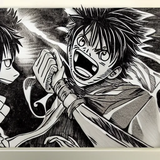 Image similar to anime fight of Luffy vs Guts, cross hatched wood engraving