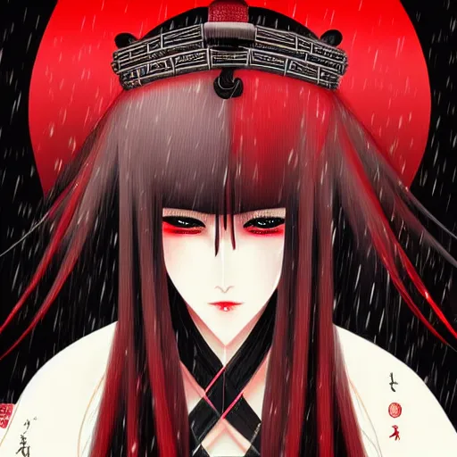 Prompt: beautiful seductive female samurai, in the rain, highly detailed, painting, dark red and black color palette, intricate, high quality, anime artstyle, in the style of sana takeda