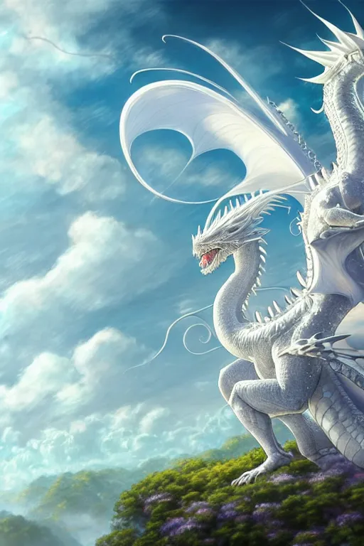 Image similar to the beautiful hyper detailed big scene render that a beautiful princess sitting on the back of a huge silver white dragon alone in fairyland surrounded by white clouds, finely detailed angelic face delicate features, style of studio ghibli, makoto shinkai, raphael lacoste, artgerm, karol bak, kazuki tanahashi, james jean, ross tran, ultra wide angle