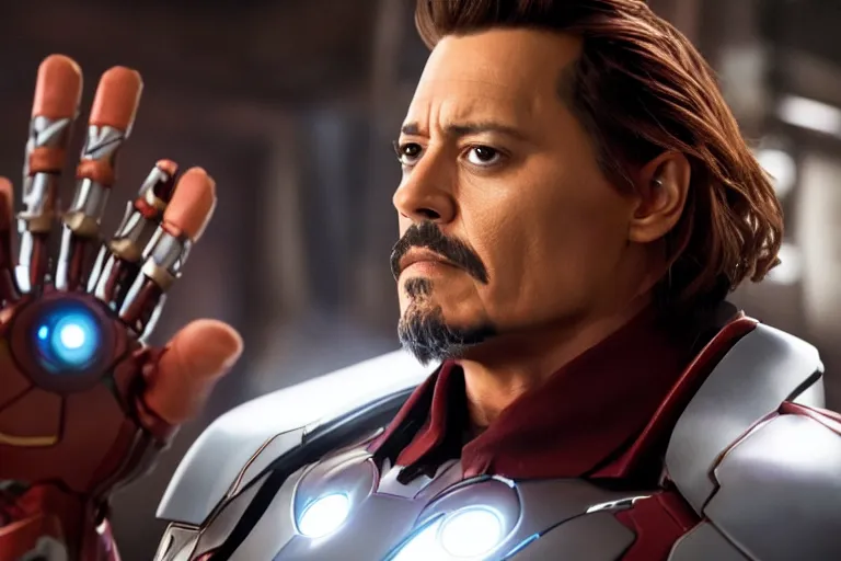 Image similar to film still of Johnny Depp as Tony Stark in new avengers movie, 4k