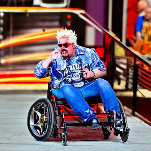 Image similar to guy fieri in a wheel chair, going down stairs, action, hd