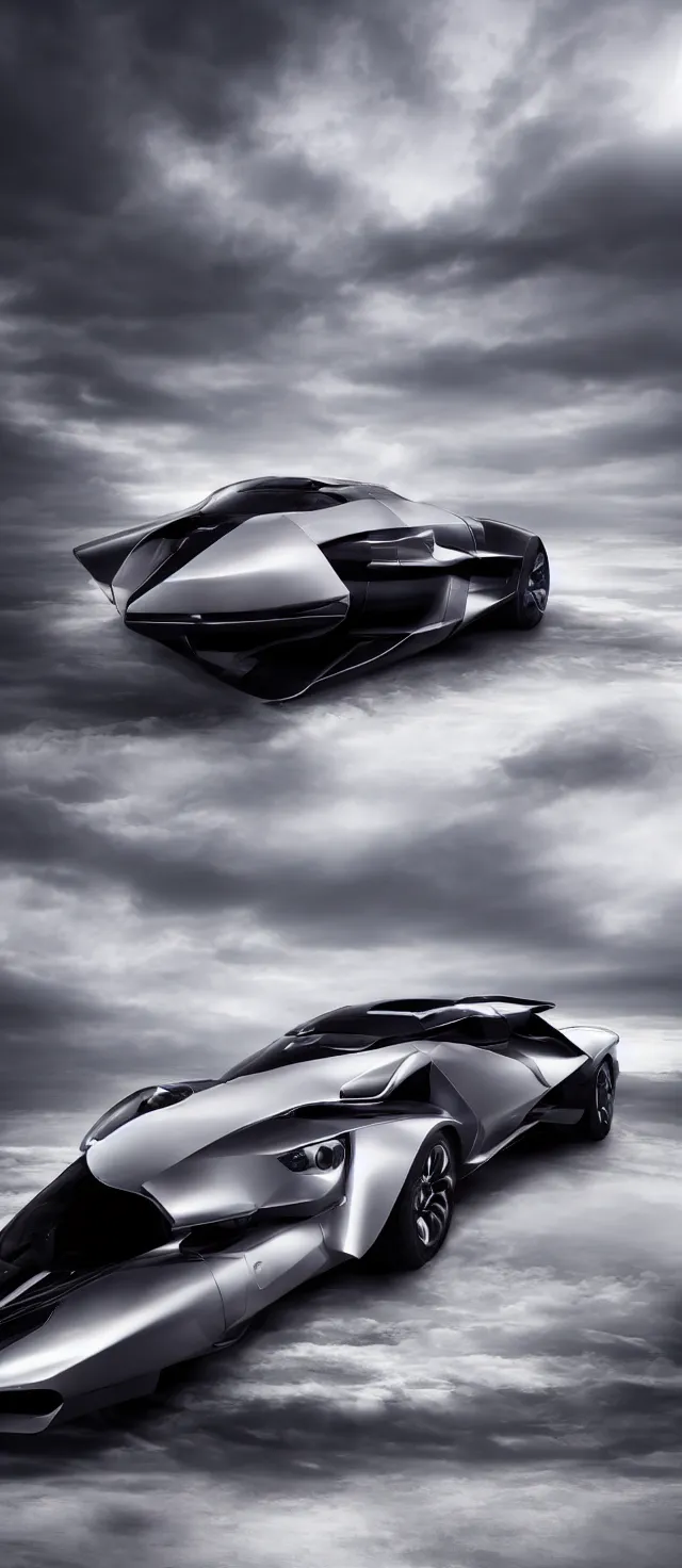 Image similar to futuristic luxury car from the year 2052, professional studio photography, award winning, dramatic lighting, clouds, sunset