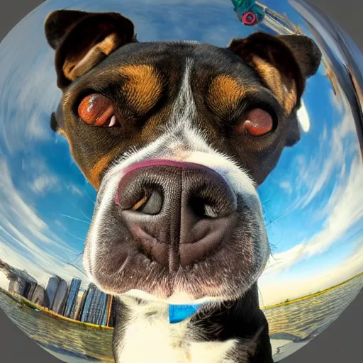 Image similar to Selfie of a dog, first-person view, fisheye!!!!!! lens, photorealistic imagery, trending on artstation, 4k, 8k