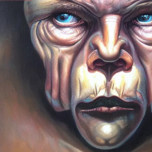 Image similar to closeup face, big eyes, angry old man in chair inside a dark house, surrealism, painting by boris vallejo and michael whelan