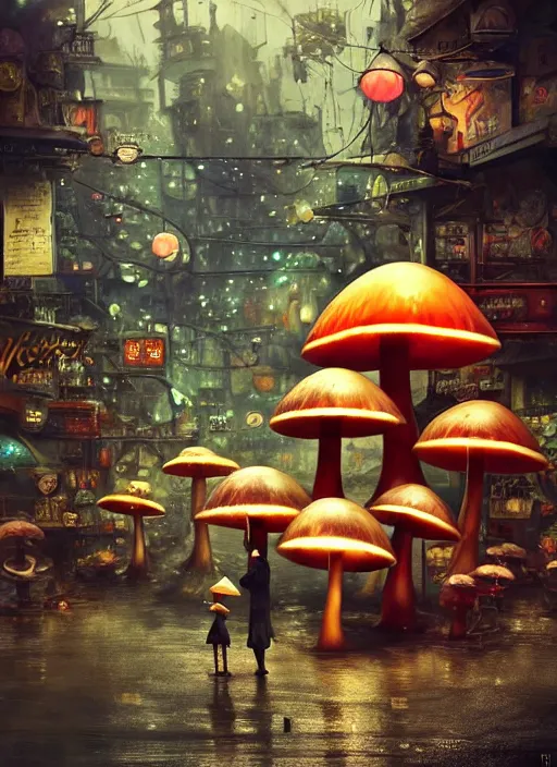 Image similar to a lively and whimsical dark fungal pawn shop, cinematic framing, wide angle, rain lit, kawaii shop grows from the stalk of a giant mushroom, cgsociety, siggraph, dystopian scifi, concept art, set design, oleg oprisco, conrad roset, anka zhuravleva, gediminas pranckevicius, cornell, kawasaki