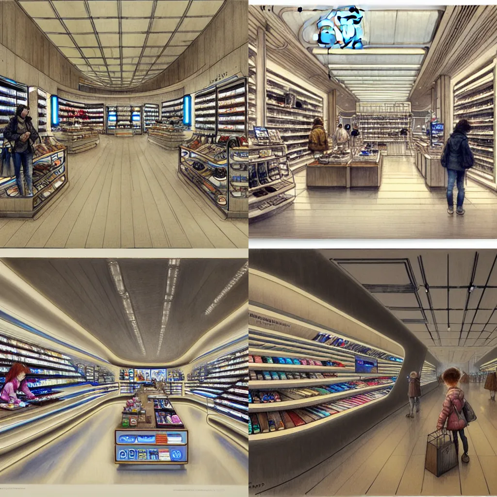 Prompt: ((2030s flagship retail interior Samsung Microsoft Apple)) by Jean-Baptiste Monge