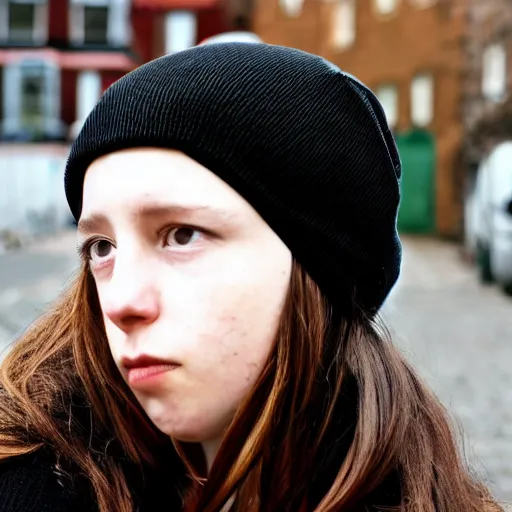 Image similar to an emo girl wearing a black beanie hat, British street background, 2006