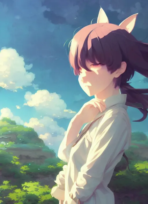 Image similar to portrait of cute catgirl, cloudy sky background lush landscape illustration concept art anime key visual trending pixiv fanbox by wlop and greg rutkowski and makoto shinkai and studio ghibli