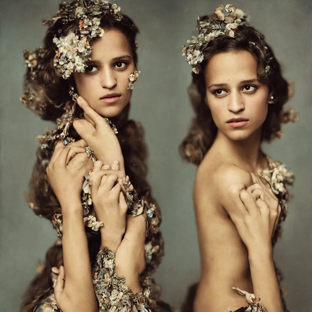 Prompt: a portrait photograph of a alicia vikander by richard avedon styled by alphonse mucha, award winning, cooke 8 5 mm f / 1. 2, lomography color 4 0 0 film stock, low - key studio lighting,