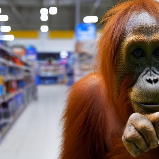 Prompt: orangutang shopping in walmart, photorealistic, coherent, detailed