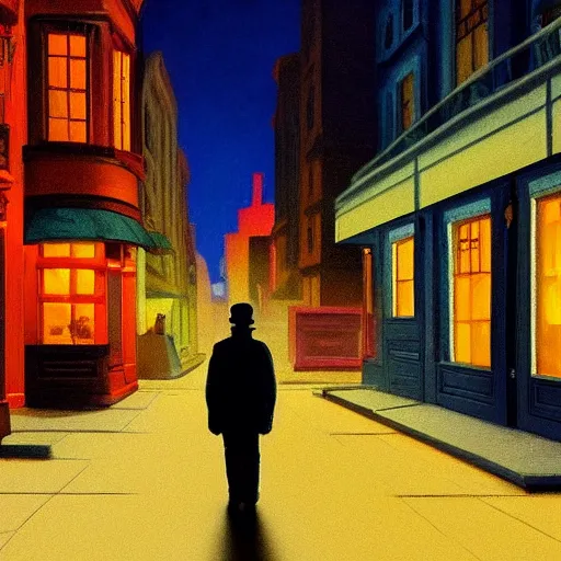 Prompt: a lonely street of a steampunk city at night, only one sad man walking down the street, in the style of Edward hopper, 4k,