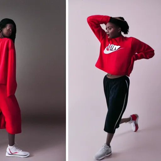 Image similar to realistic! photoshoot for a new nike lookbook, color film photography, portrait of a beautiful woman, red frontal light, in style of tyler mitchell, 35mm