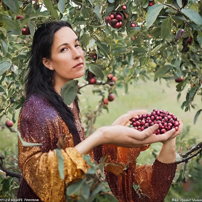 Image similar to a closeup portrait of a woman wearing iridescent copper armor, picking pomegranates from a tree in an orchard, foggy, moody, photograph, by vincent desiderio, canon eos c 3 0 0, ƒ 1. 8, 3 5 mm, 8 k, medium - format print