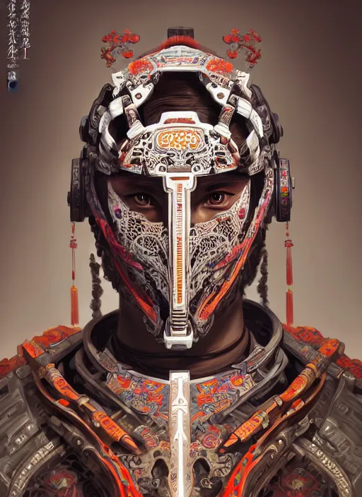 Image similar to portrait of a machine from horizon zero dawn, machine face, upper body, decorated with chinese opera motifs, asian, traditional chinese art, intricate, elegant, highly detailed, digital painting, artstation, concept art, smooth, sharp focus, illustration, art by artgerm and greg rutkowski and alphonse mucha, 8 k