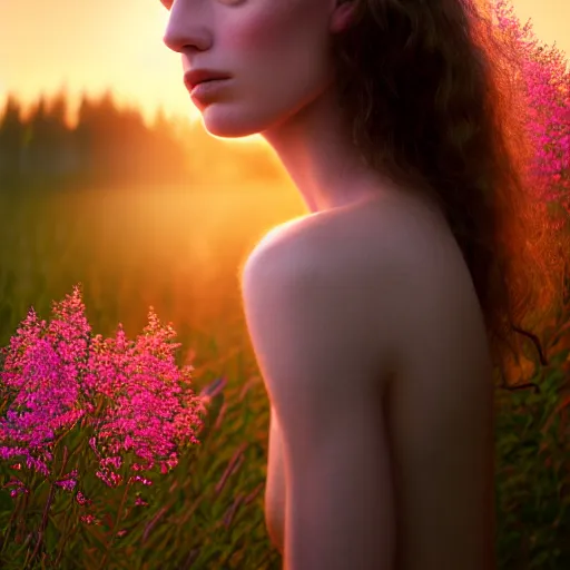 Image similar to photographic portrait of a stunningly beautiful renaissance female in soft dreamy light at sunset, field of fireweed, contemporary fashion shoot, by edward robert hughes, annie leibovitz and steve mccurry, david lazar, jimmy nelsson, breathtaking, 8 k resolution, extremely detailed, beautiful, establishing shot, artistic, hyperrealistic, beautiful face, octane render