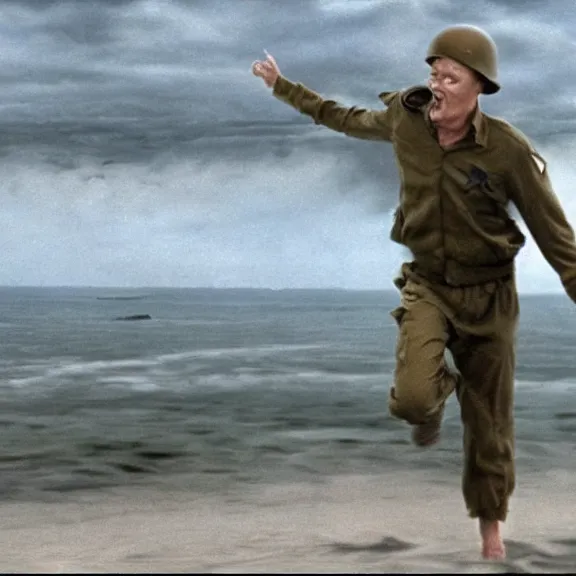 Image similar to photo realistic image of Matthew Lillard as shaggy from scooby doo, storming the beaches of Normandy in 1944, HD, high detail, photorealistic, Hollywood cinematic, Christopher Nolan