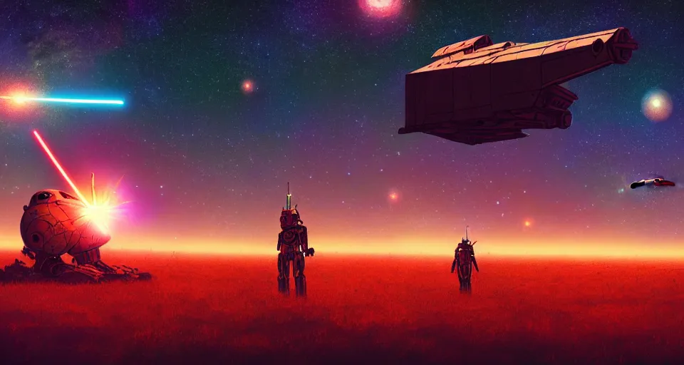 Prompt: a large mecha in a field of destroyed vending machines, underneath a star filled night sky, moebius, warm coloured, maschinen krieger, beeple, star trek, star wars, film, atmospheric perspective