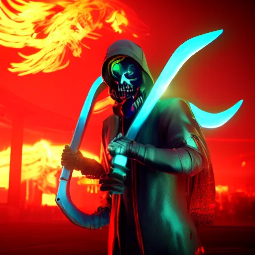 Image similar to hyperrealistic neon grimm reaper holding a scythe, photorealistic cinematic render, octane render, cyberpunk in hell, fog, fire, 8 k, unrealengine