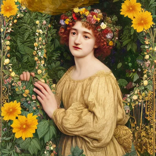 Image similar to masterpiece beautiful seductive flowing curves preraphaelite face midsommar portrait of julia garner as the may queen, flower crown, amongst leaves, yellow ochre ornate medieval dress, amongst foliage, gold gilded circle halo, kilian eng and frederic leighton and rosetti, 4 k