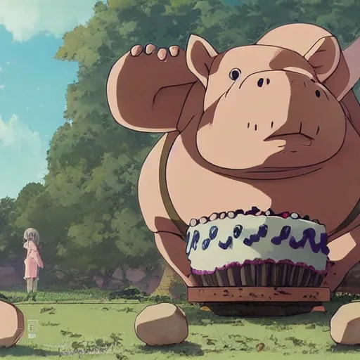 Image similar to a very fat hippo eating cake, illustration concept art anime key visual trending pixiv fanbox by wlop and greg rutkowski and makoto shinkai and studio ghibli and kyoto animation symmetrical facial features