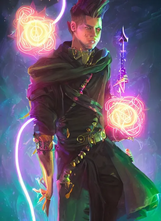 Image similar to character concept portrait of a handsome young wizard with olive skin and buzzed short spiky hairstyle casting a spell with apleasantly surprised expression. glowing runes in swirling neon light, an iridescent spell book hovering in mid-air. glowing magic dust swirling. intricate, elegant, digital painting, concept art, smooth, sharp focus, illustration, from Metal Gear, by Ruan Jia and Mandy Jurgens and Artgerm and William-Adolphe Bouguereau