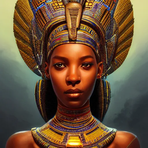 Image similar to highly detailed portrait of an african egyptian goddess, intricate alien technology, stephen bliss, unreal engine, fantasy art by greg rutkowski, loish, rhads, ferdinand knab, makoto shinkai and lois van baarle, ilya kuvshinov, rossdraws, tom bagshaw, global illumination, radiant light, detailed and intricate environment