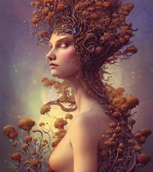 Image similar to a beautiful detailed front view portrait of a woman with ornate growing around, ornamentation, flowers, elegant, beautifully soft lit, golden ratio, full frame, by wayne barlowe, peter mohrbacher, kelly mckernan,