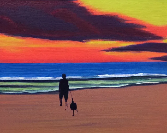 Image similar to man walking his dog at the beach at sunset, acrylic painting, far view