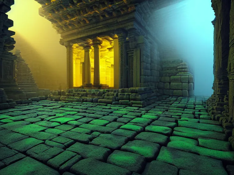 Prompt: an ancient temple within a walled underground city by frank rudolph paul and christopher balaskas and ed valigursky and zacharias aagaard and gillis rombouts, hyperrealism, high contrast, low light, vibrant color, psychedelic, green mist, blue cobblestones, orange demons, yellow lanterns. 3 d render, unreal engine, volumetric lighting