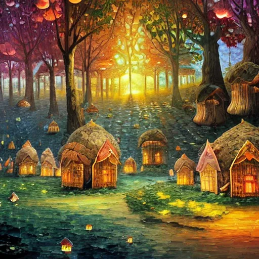 Image similar to forest village with mushroom houses, glowing fungi, art by james christensen, rob gonsalves, paul lehr, leonid afremov and tim white