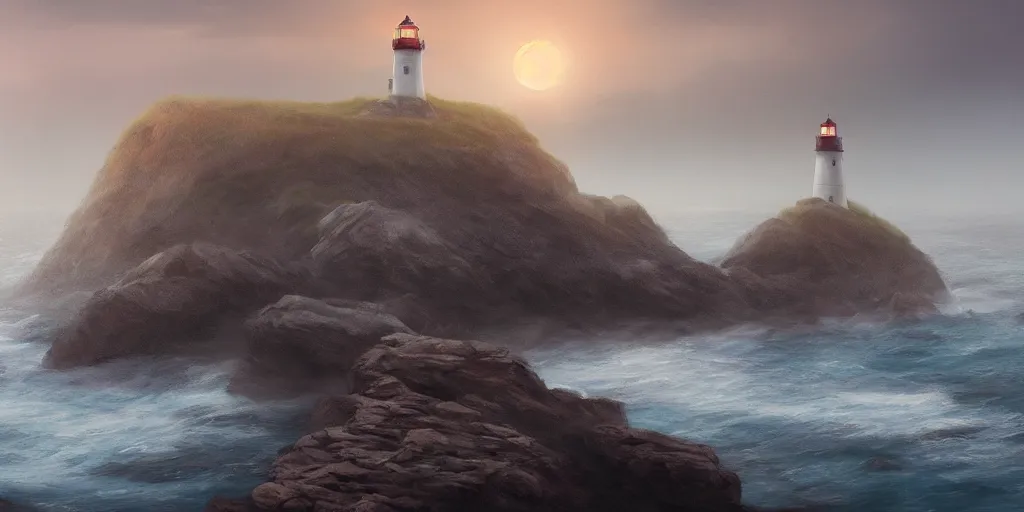 Image similar to a lonely lighthouse on the rocky seashore, mist, tuomas korpi, morning, fantasy, matte painting, artstation